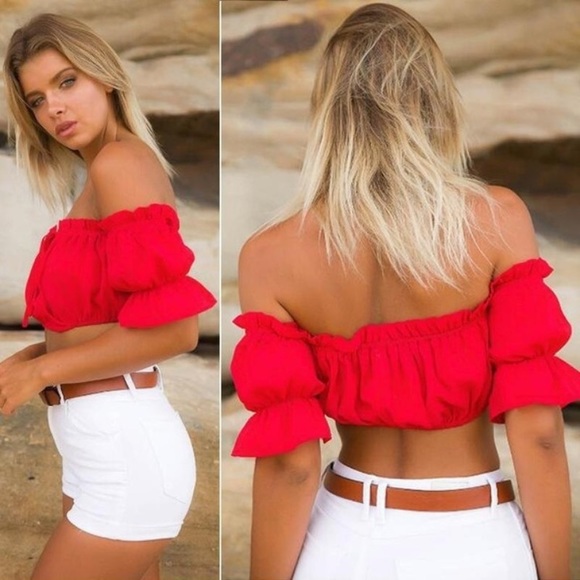 Boho festival Off shoulder Red crop top - Picture 3 of 6